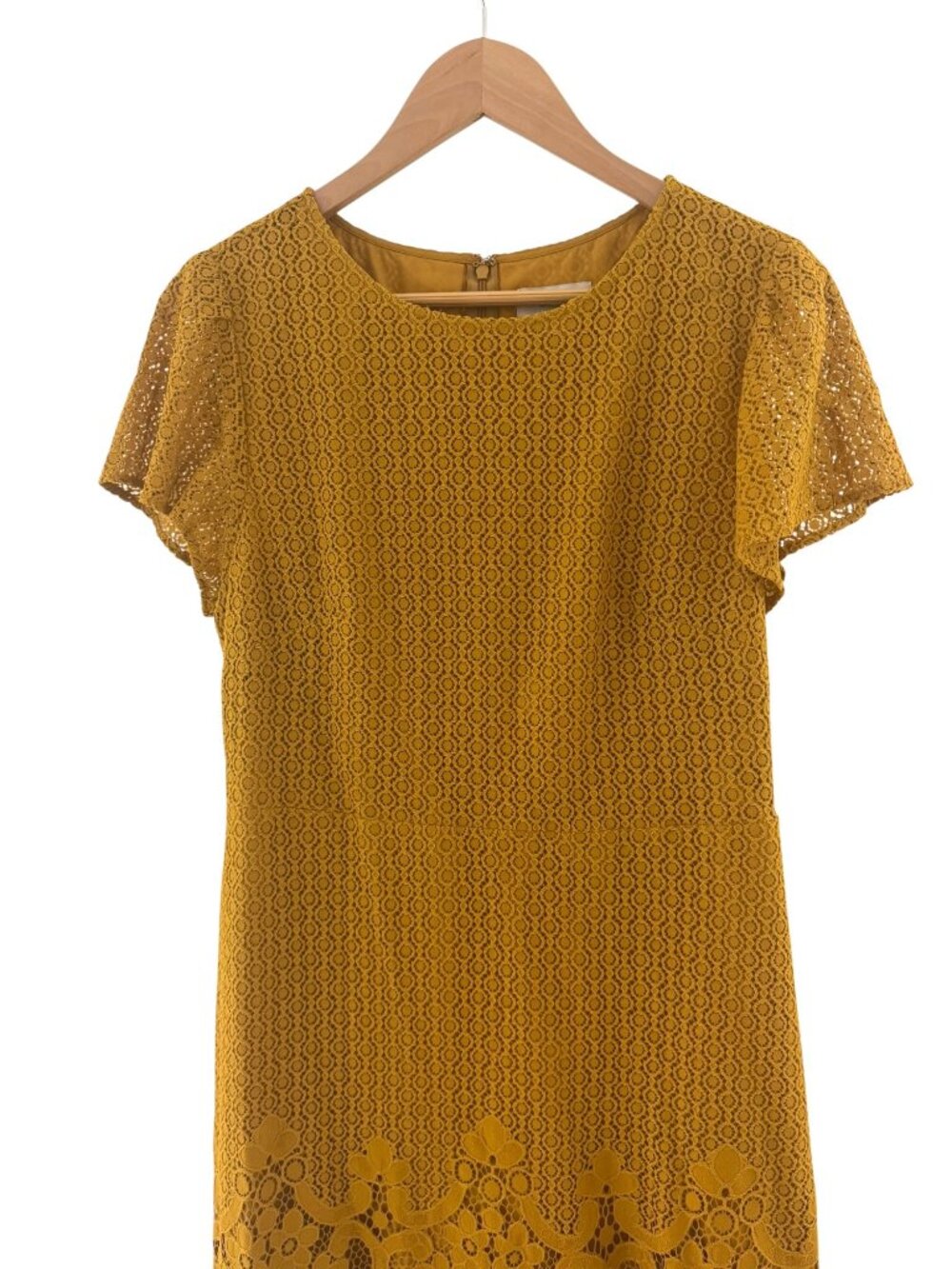 LOFT Gold Mustard Lace Short Sleeve Sheath Dress Size M Summer Wedding Party - Picture 4 of 8